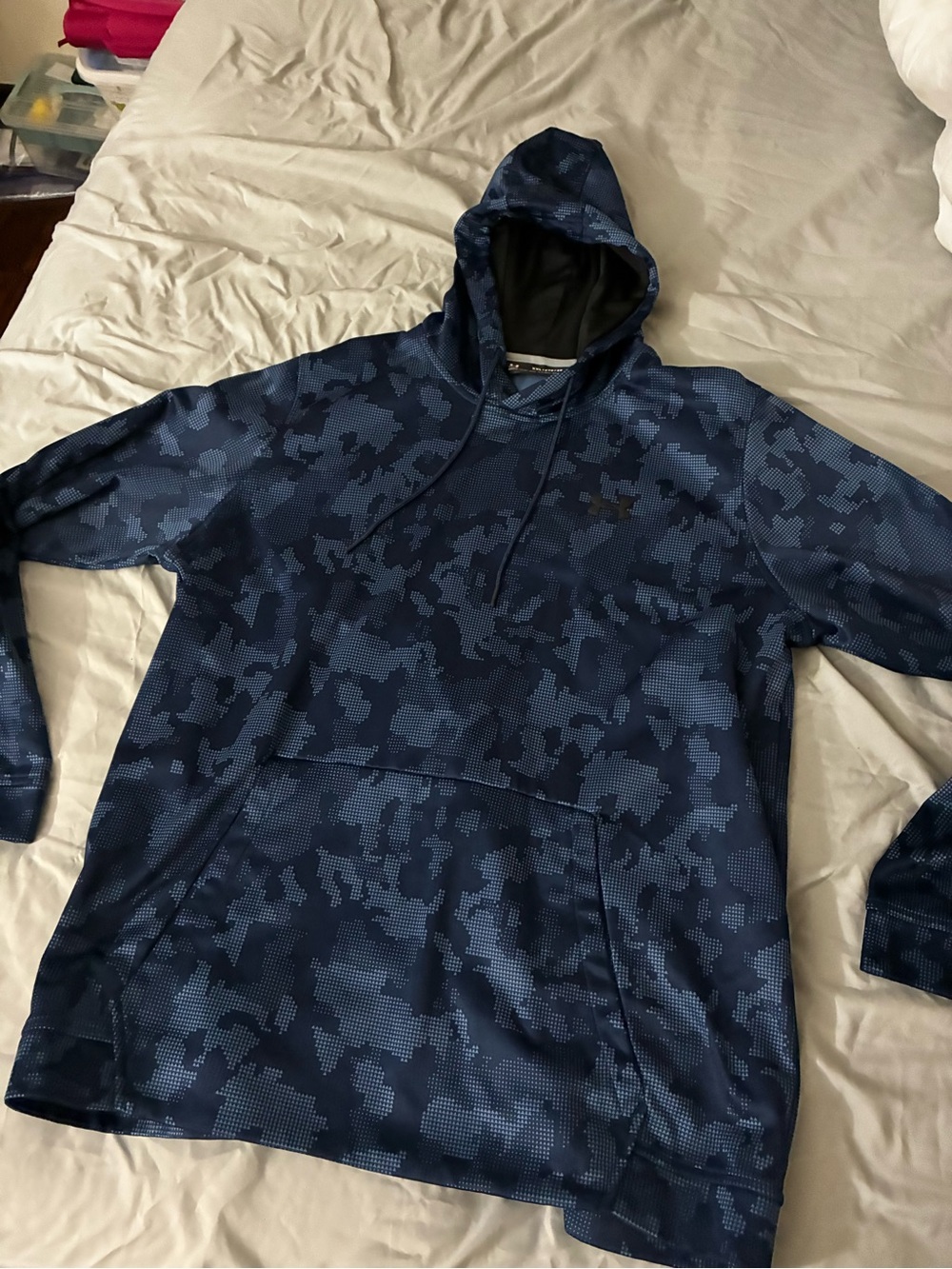 Under Armour Hoodie Men 2XL Blue Digital Camouflage Loose Fit ColdGear Pullover